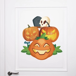 Cartoon Halloween pumpkin wall decals featuring RIP tombstone and bat for door decoration