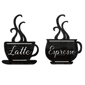 Détail macro des stickers muraux miroirs en acrylique noir pour Latte et Espresso