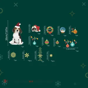 Detailed dimension chart for Christmas puppy wall stickers showing various sizes and quantities