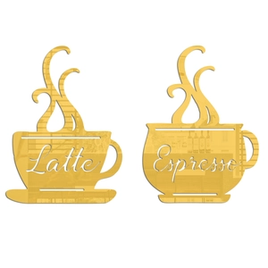 Détail de stickers muraux miroir doré en forme de tasses à café Latte et Espresso