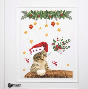 Close-up of Christmas cat wall stickers with red ornaments and golden stars decoration