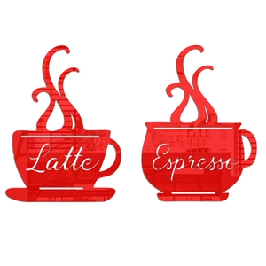 Détail de stickers muraux miroirs en acrylique rouge avec motifs Latte et Espresso