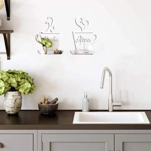 Detail view of Mocha and Java coffee cup acrylic mirror wall stickers in a modern kitchen