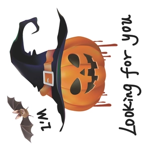 Adesivo zucca di Halloween con cappello da strega e pipistrello su sfondo bianco