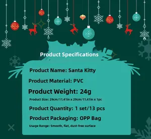Detailed size chart for Santa Kitty PVC wall stickers showing a 29x29cm 13-piece festive set