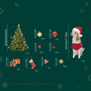 Stickers de Noël avec dimensions du sapin, des ornements et du chien en bonnet de Noël