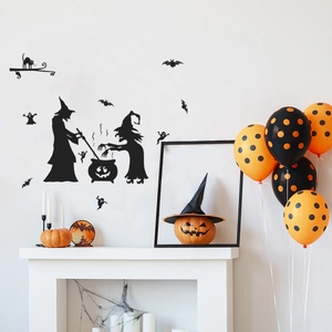 Stickers muraux silhouettes de sorcières d'Halloween avec chauves-souris et décors noirs