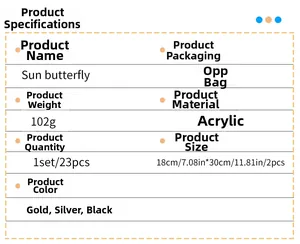 Technical specifications chart for sun butterfly acrylic wall stickers 23 pieces set