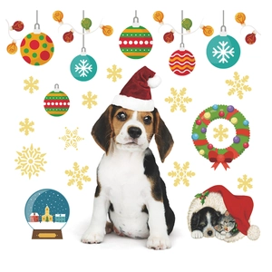 Christmas wall stickers featuring beagle puppies, holiday wreaths, and golden snowflakes