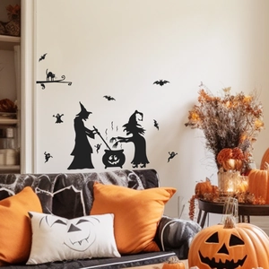 Stickers muraux Halloween silhouettes avec sorcières, citrouille et chat sur mur blanc