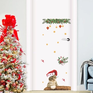 Christmas Wall Stickers Cartoon Cat Wearing Santa Hat Decor PVC Decals For Door Window Glass Home Holiday Party Decoration