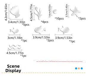 Detailed size chart for ocean theme acrylic mirror wall stickers with dimensions