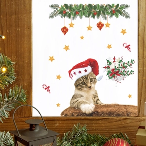 Cute Halloween cat wall sticker with festive Christmas hat stars and candy canes