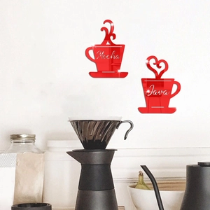 Red 3D mirror acrylic wall stickers with Mocha and Java coffee cup designs for kitchen decor