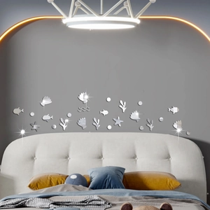 Silver acrylic mirror wall stickers with marine life patterns for bedroom wall decor