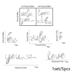 Detailed size guide for mirror acrylic wall stickers showing dimensions of the five words
