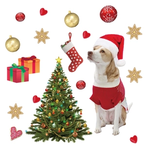 Stickers muraux de Noël avec chien festif, sapin décoré et boîtes de cadeaux colorées