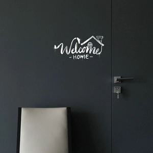 Modern Welcome HOME silver acrylic mirror wall stickers with minimalist house silhouette