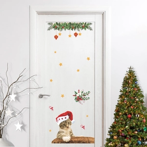 Christmas cat wall sticker with red hat and festive pine decorations for home decor