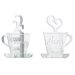 Modern 3D acrylic mirror wall stickers featuring Mocha and Java coffee cup designs