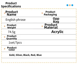 Specification table for acrylic inspirational wall stickers in five metallic colors