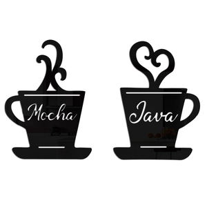 Detailed mirror-finish acrylic coffee cup wall stickers featuring Mocha and Java text