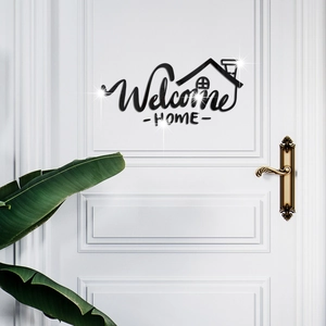 Modern Welcome Home mirror wall sticker with house silhouette design on a white door