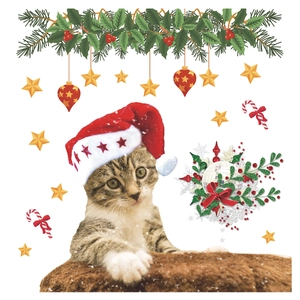 Christmas cat wall stickers with festive red hat, golden stars and green pine branches