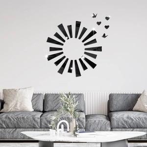 Modern black acrylic sunburst mirror wall decal with heart and butterfly 3D accents