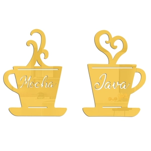 Detailed view of gold acrylic mirror coffee cup wall stickers featuring Mocha and Java text