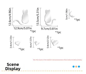 Detailed size chart for mirror cat wall decals featuring cats, moon, and heart dimensions