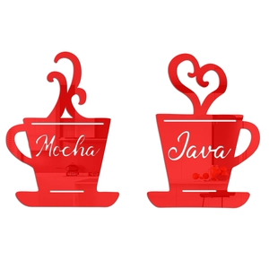 Detail view of red mirror acrylic coffee cup wall stickers featuring Mocha and Java text