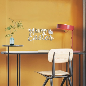 Nahaufnahme von Happy Easter Spiegel-Wandtattoo mit Hasen-Silhouette auf gelber Wand