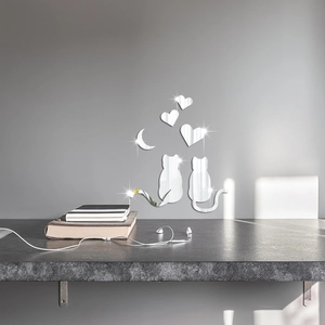 Silver mirror cat and moon acrylic wall stickers set for modern bedroom home decor