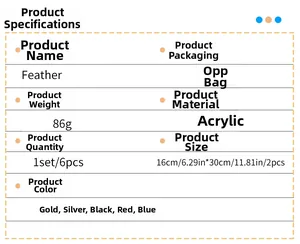 Specifications for feather acrylic wall stickers showing weight and sizing details