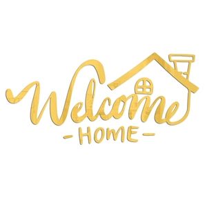 Detail of mirror gold Welcome HOME wall sticker with minimalist house roof silhouette