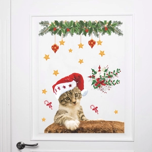 Halloween Christmas cat wall stickers with red santa hat and holiday decor for windows