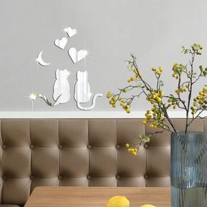 Detail of silver acrylic mirror wall stickers with cats, hearts, and moon for bedroom decor