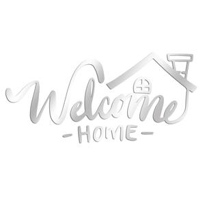 Detail view of silver mirror Welcome Home wall sticker with minimalist house outline