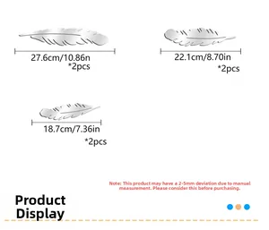 Size chart for 6pcs silver mirror feather wall stickers in three different lengths