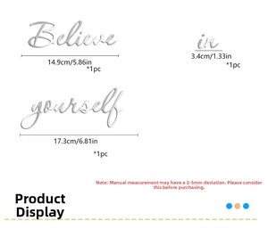 Macro detail of Believe in yourself silver mirror wall stickers with size measurements
