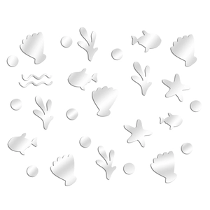 Macro detail of acrylic mirror ocean wall stickers with silver sea creatures and bubbles