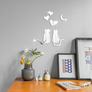 Detail of cat and heart acrylic mirror wall stickers with reflective silver finish