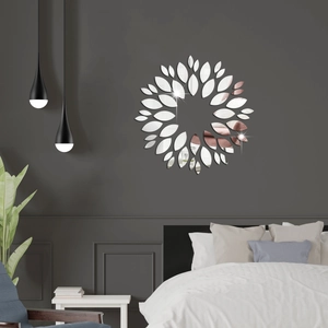 Detail of sunflower mirror wall stickers made of reflective acrylic in a bedroom setup
