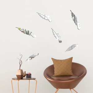 Modern set of 6 acrylic feather mirror wall stickers for elegant bedroom home decoration