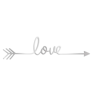Detailed view of matte silver arrow wall decor with integrated love cursive lettering