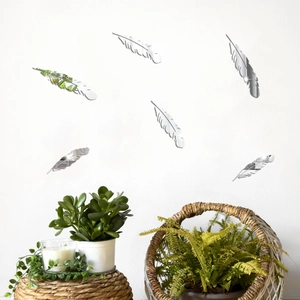 Set of 6 silver acrylic feather mirror wall stickers for home bedroom wall decoration