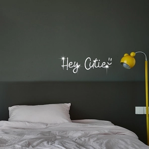 Silver 3D acrylic mirror wall sticker featuring Hey Cutie text for bedroom decor