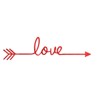 Detailed close-up of glossy red acrylic love wall sticker with a creative arrow design