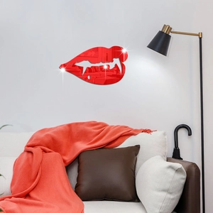 Modern red lip-shaped acrylic mirror wall sticker above a sofa in a minimalist living room